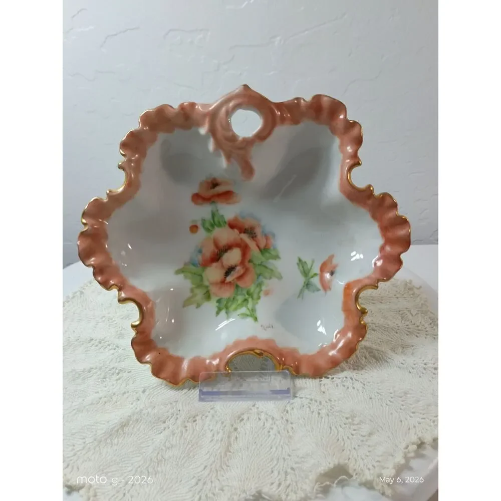 Vintage Floral Porcelain Trinket Dish Star Ruffled Edge Bowl Gold Trim